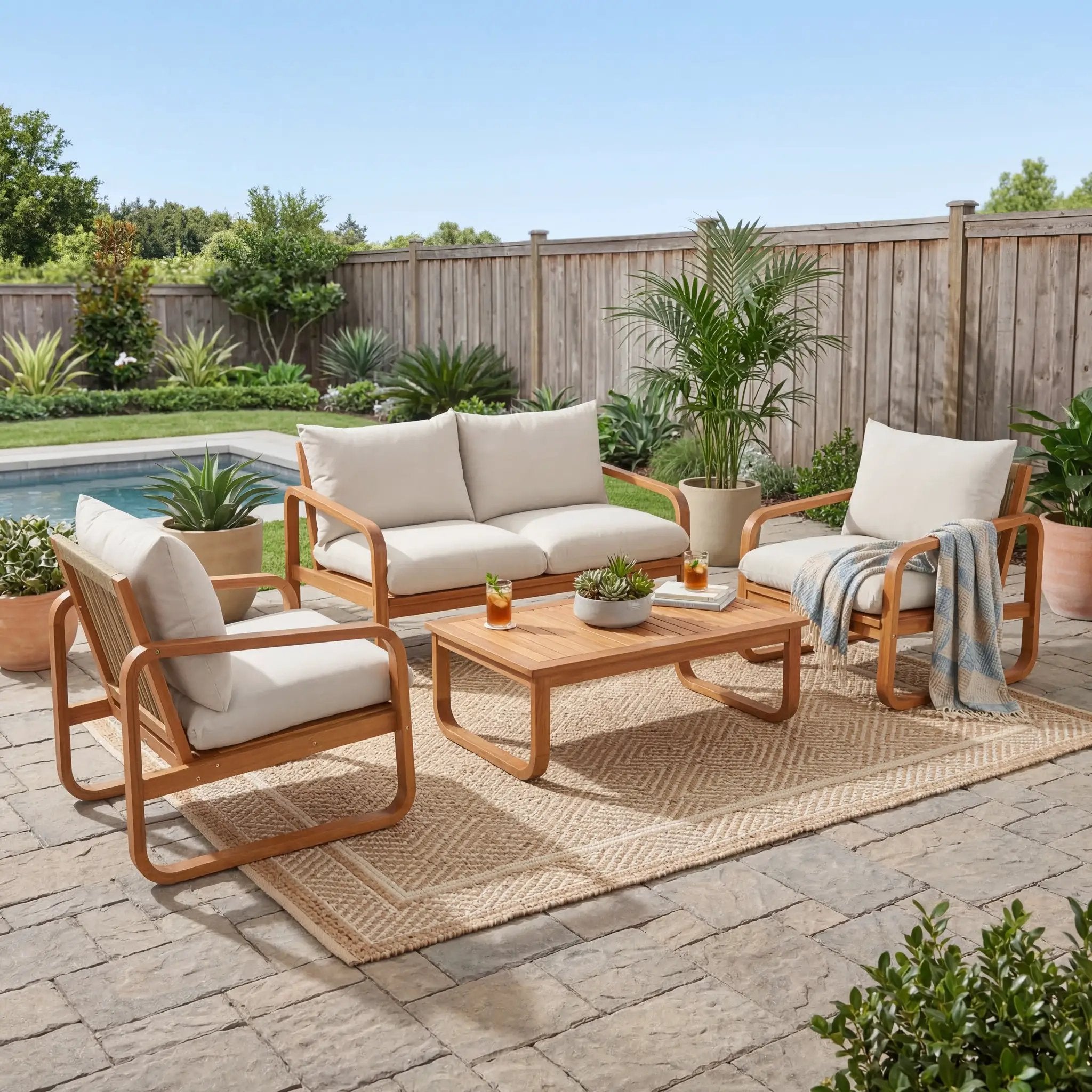 4-Piece Acacia Wood Outdoor Patio Furniture Set with Thick Cushions by HouseOfZazla