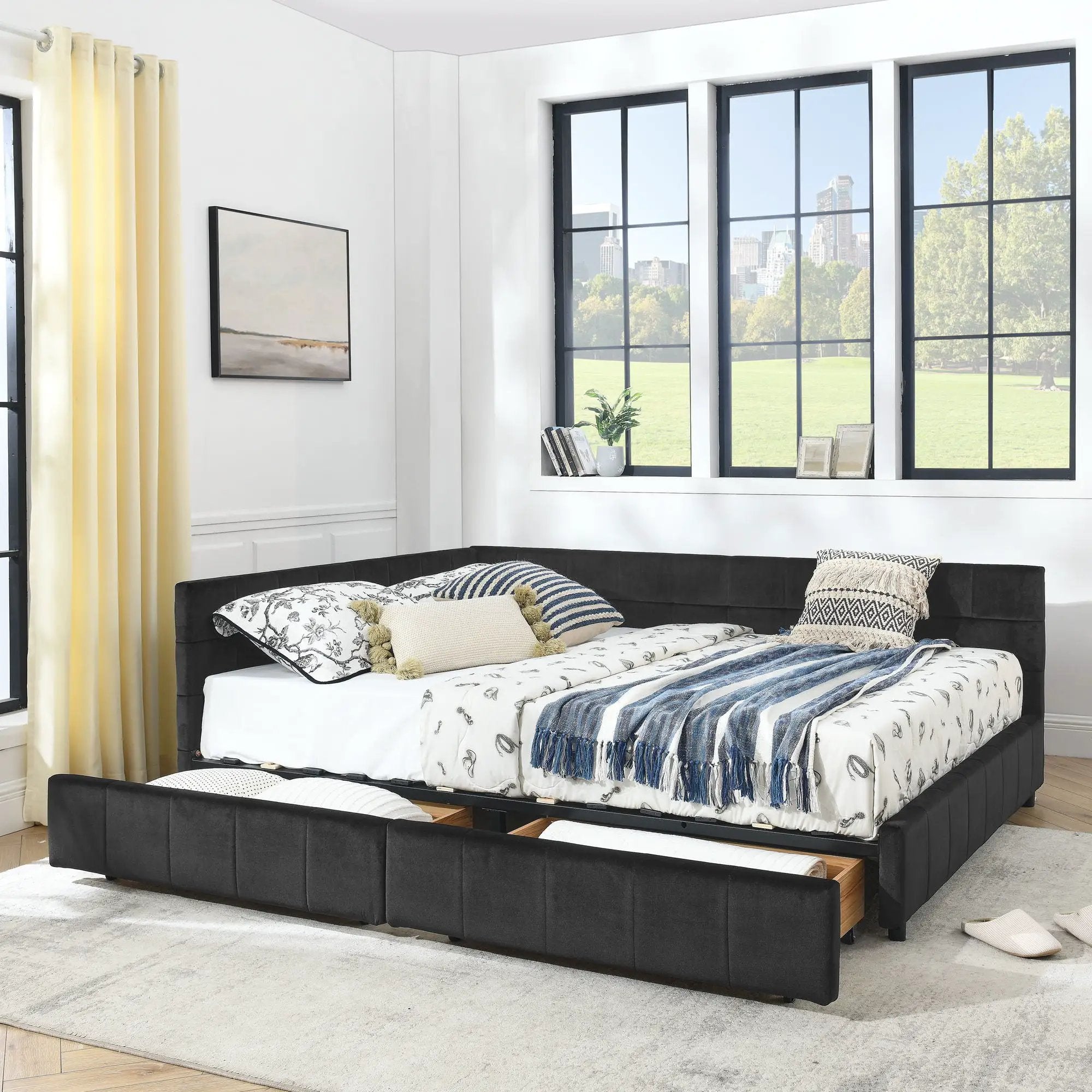 Mid-Century Storage Upholstered Tufted Bed Frame With Backrest And Armrests by Unique Piece Furniture