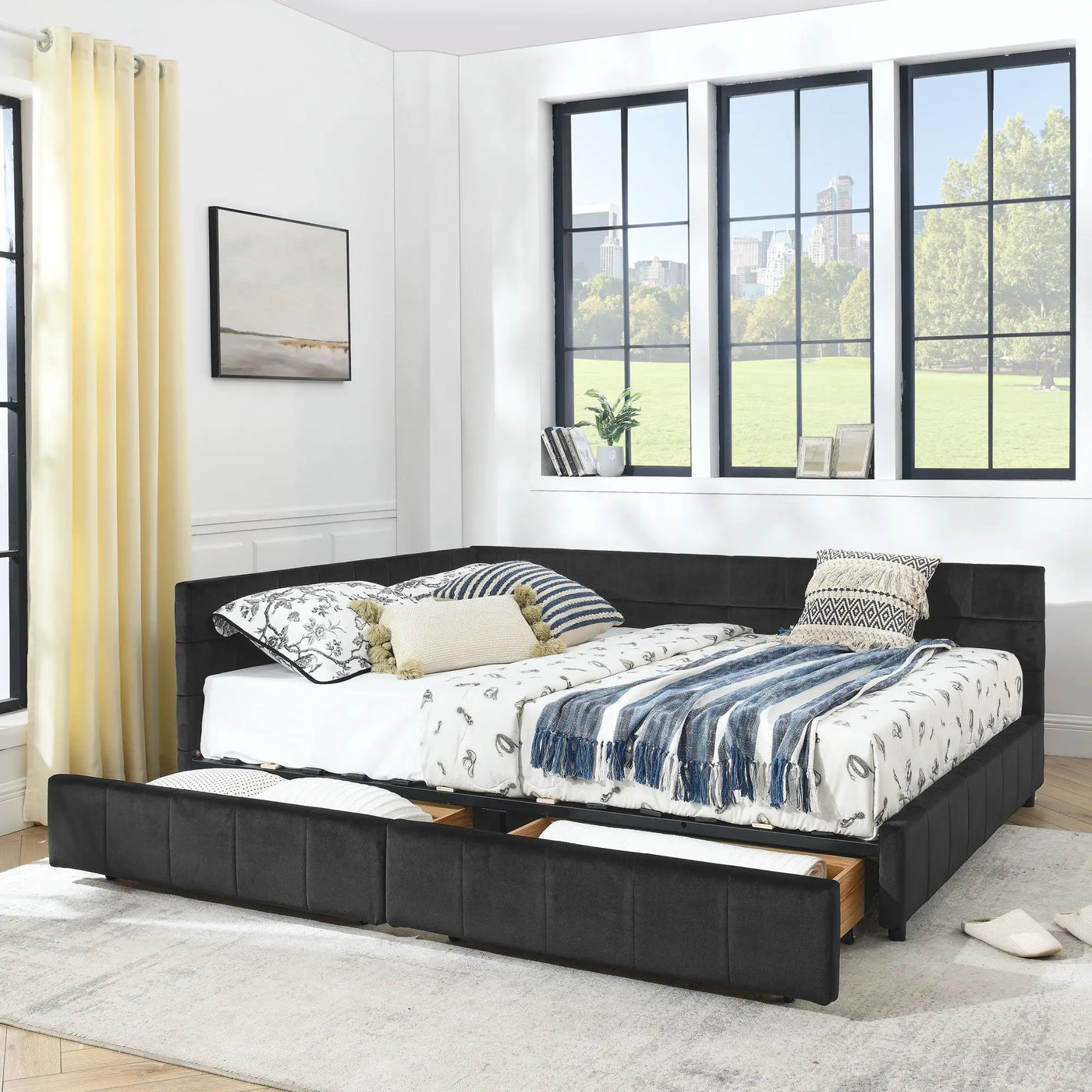 Mid-Century Storage Upholstered Tufted Bed Frame With Backrest And Armrests by HouseOfZazla