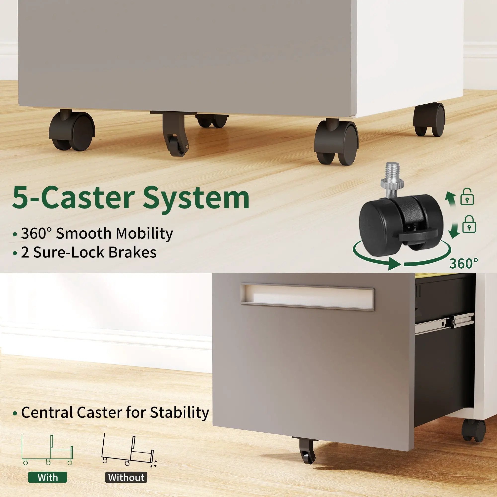 2-Drawer Mobile File Cabinet With Lock,On 360° Wheels, Holds A4/Letter/Legal Files - White by HouseOfZazla