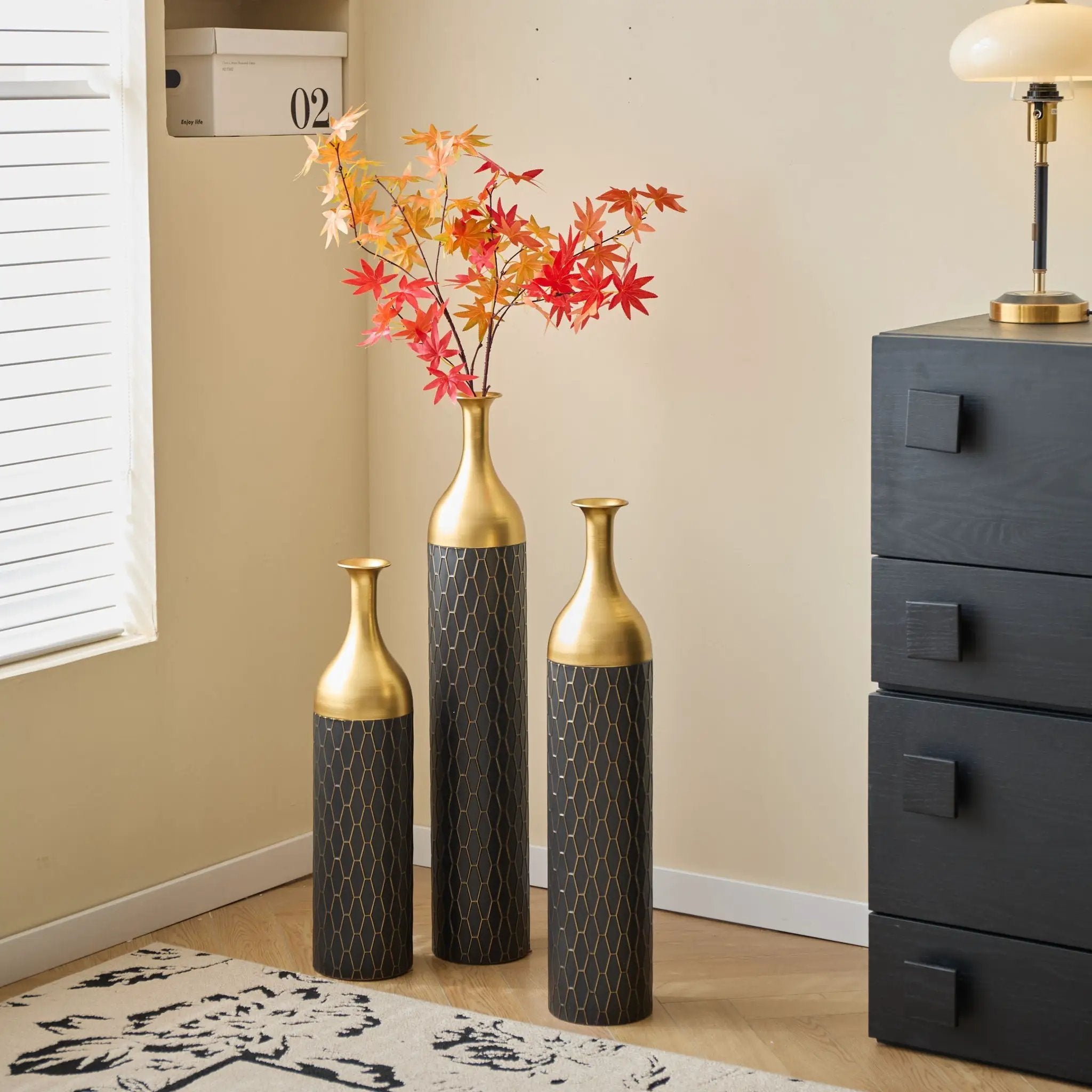 Elegant Floor Vase Set Metal Decorative Vases 3 Piece Set For Floral Display, Wedding & Gift Decor - Gold / Black by HouseOfZazla
