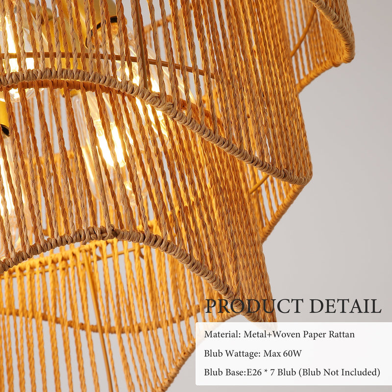 Handwoven Paper Rattan Boho Chandelier with 7-Light E26 Base by HouseOfZazla