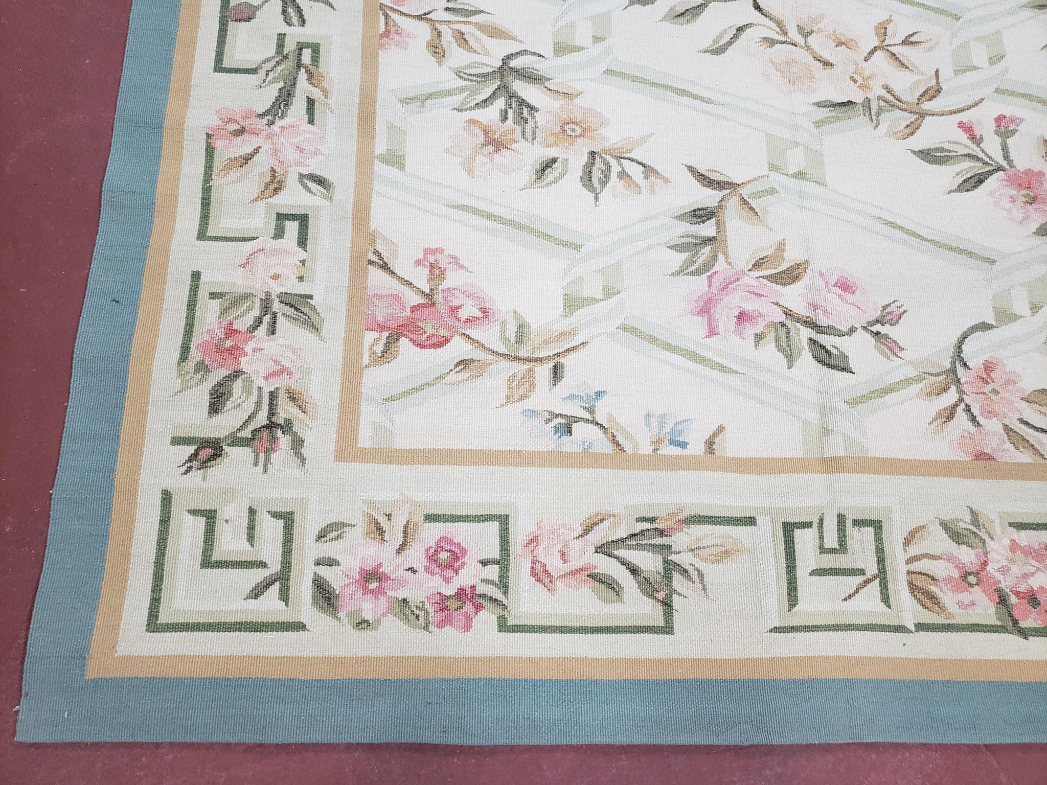 Vintage Aubusson Area Rug, Aubusson Flat weave Carpet, Floral Geometric Pattern, Beige Teal Green, 4x6 Rug, European Design by Jewel Rugs