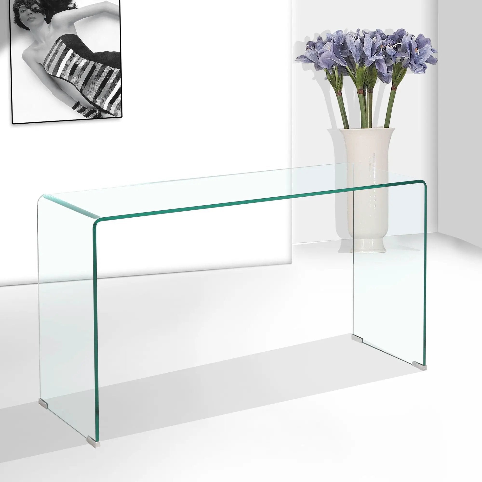 Elegant Transparent Tempered Glass Console Table With Rounded Edges, Modern Sofa Table - Clear by HouseOfZazla