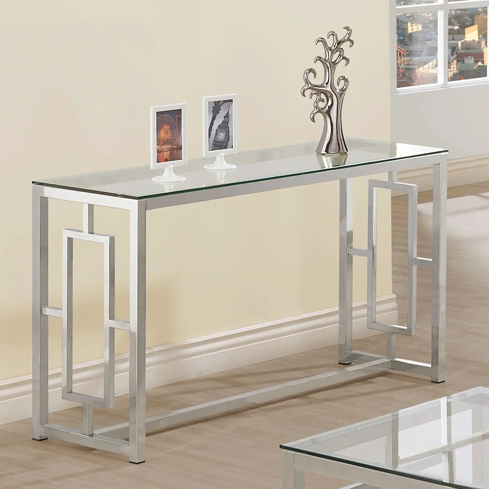 Merced Glass Top Metal Entryway Console Table Nickel by Unique Piece Furniture