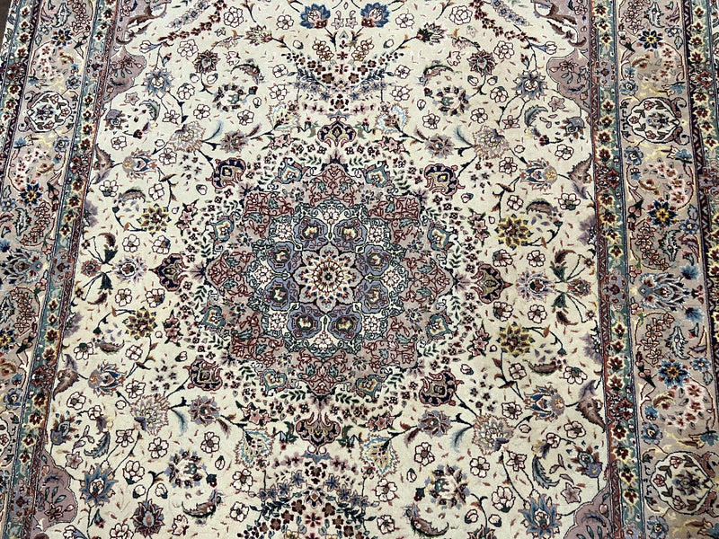 Beautiful Pak Persian Rug 6x9, Floral Medallion, Wool and Silk, Highly Detailed Elegant Carpet, Vintage Oriental Rug 6 x 9, Cream and Gray by Jewel Rugs