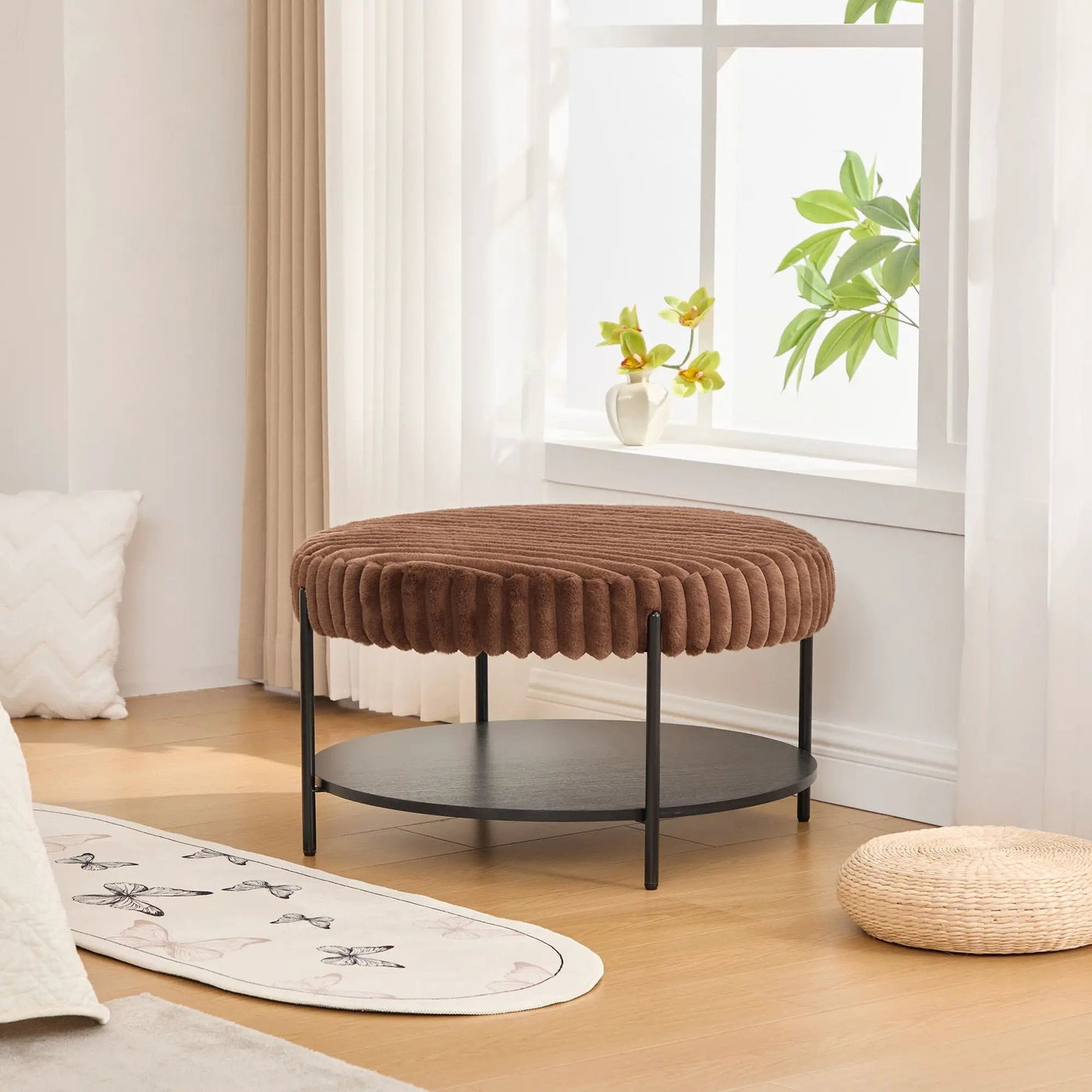 Modern Upholstered Round Ottoman Coffee Table With Storage Shelf by Unique Piece Furniture