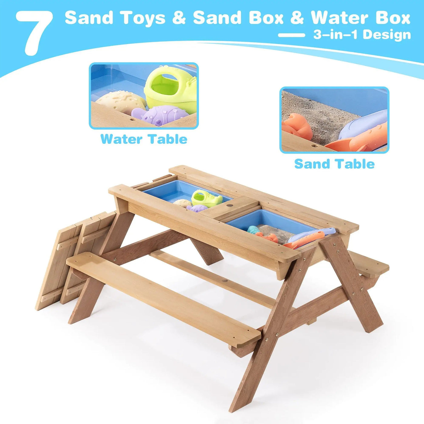 3-In-1 Kids Outdoor Wooden Picnic Table With Umbrella, Convertible Sand & Water, ASTM & CPSIA Certification by Unique Piece Furniture