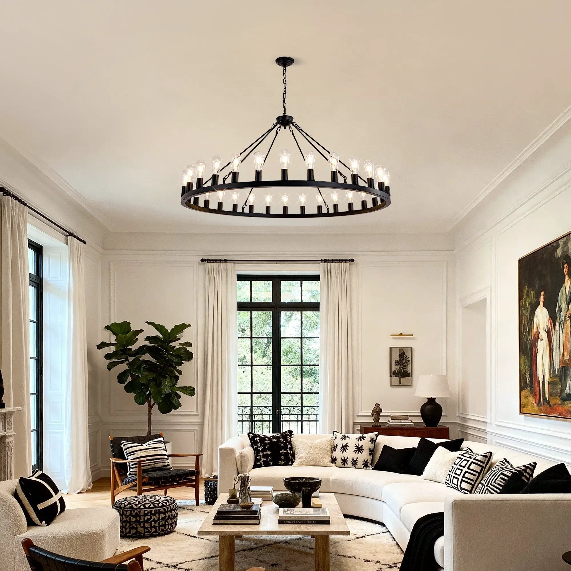 64 Inch Matte Black Wagon Wheel Chandelier With 30 Lights by HouseOfZazla
