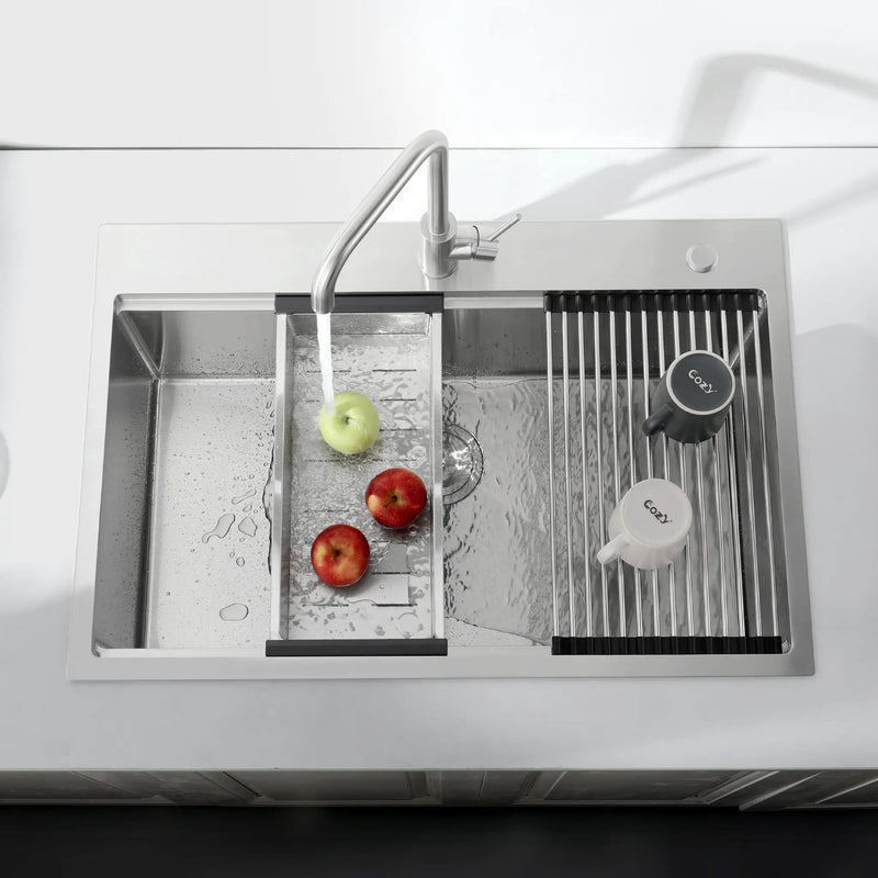 Stainless Steel Kitchen Sink, 33"x22" Single Bowl, Overmount Handmade Sink in Brushed by HouseOfZazla
