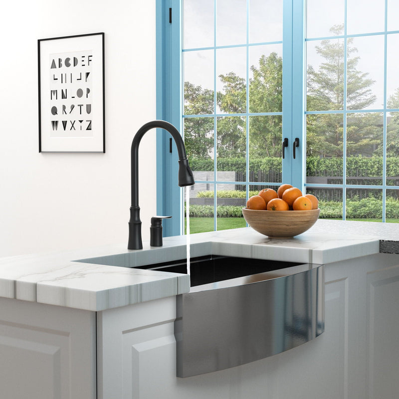 16.9" Kitchen Sink Faucet With Separate Handle And Pull Down Sprayer, Lead Free Brass - Matte Black by HouseOfZazla
