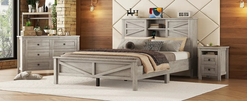 3-Pieces Bedroom Set Queen Size Farmhouse Platform Bed with Storage Headboard and Charging Station by HouseOfZazla