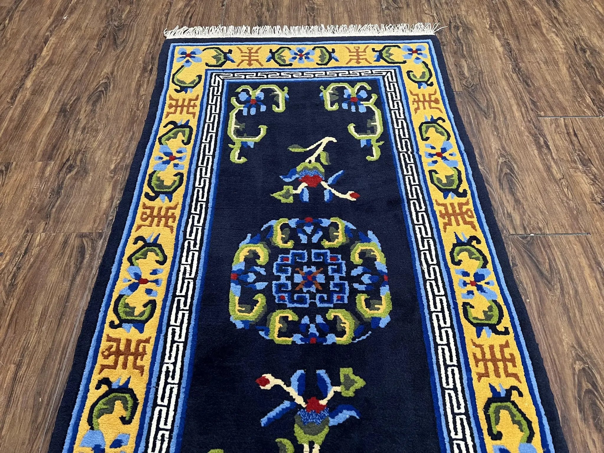 Chinese Art Deco Rug 3 x 5.9, Handmade Chinese Peking Carpet, Dark Blue and Gold, Medallion, Asian Oriental 3x6 Hand Knotted Vintage Rug by Jewel Rugs