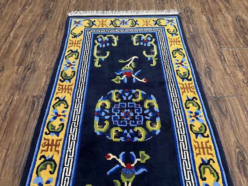 Chinese Art Deco Rug 3 x 5.9, Handmade Chinese Peking Carpet, Dark Blue and Gold, Medallion, Asian Oriental 3x6 Hand Knotted Vintage Rug by Jewel Rugs