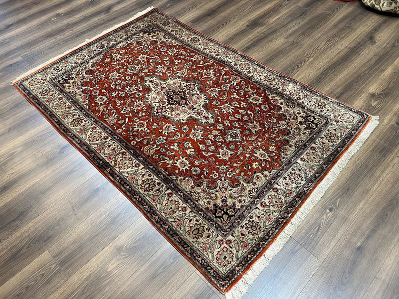 Persian Qum Silk Rug 5x7 - Floral Medallion, Birds, Orange-Red by Jewel Rugs