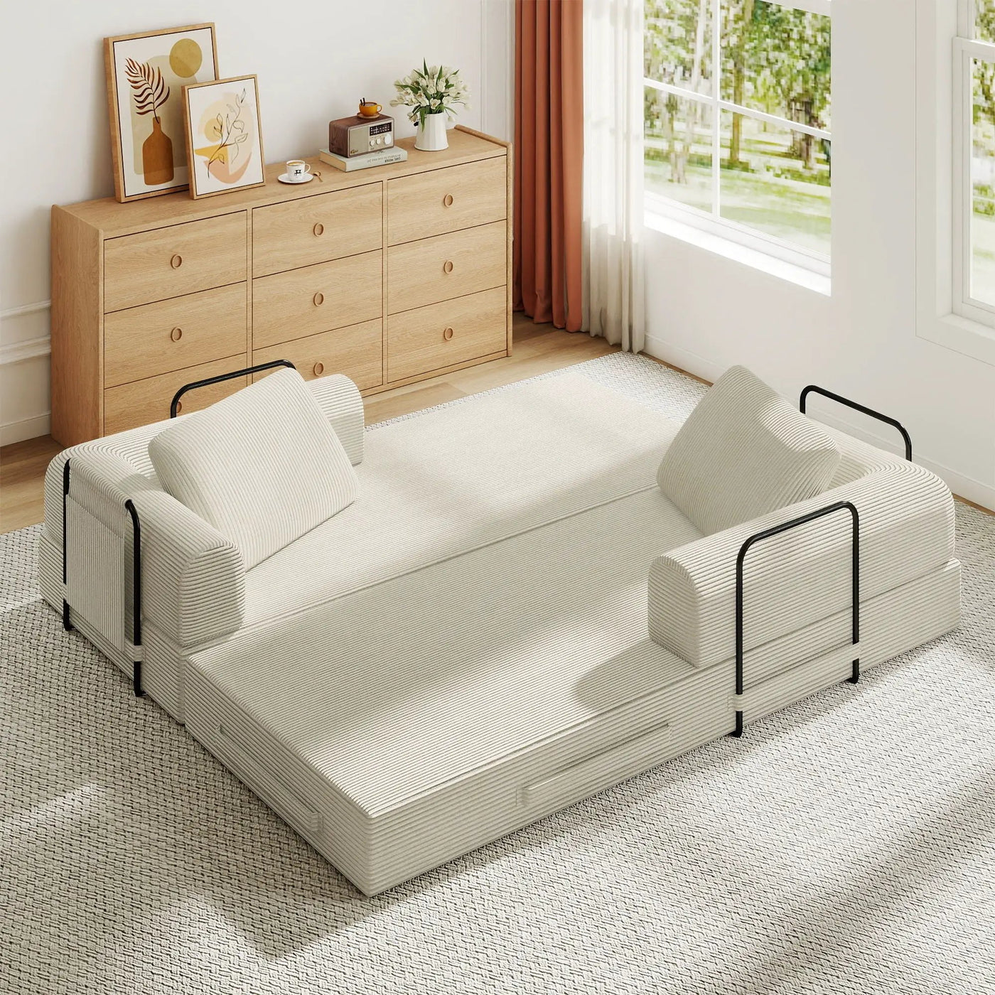 Convertible Sleeper Sofa Bed With Cylindrical Pillow, Fixed Shape Frame by Unique Piece Furniture