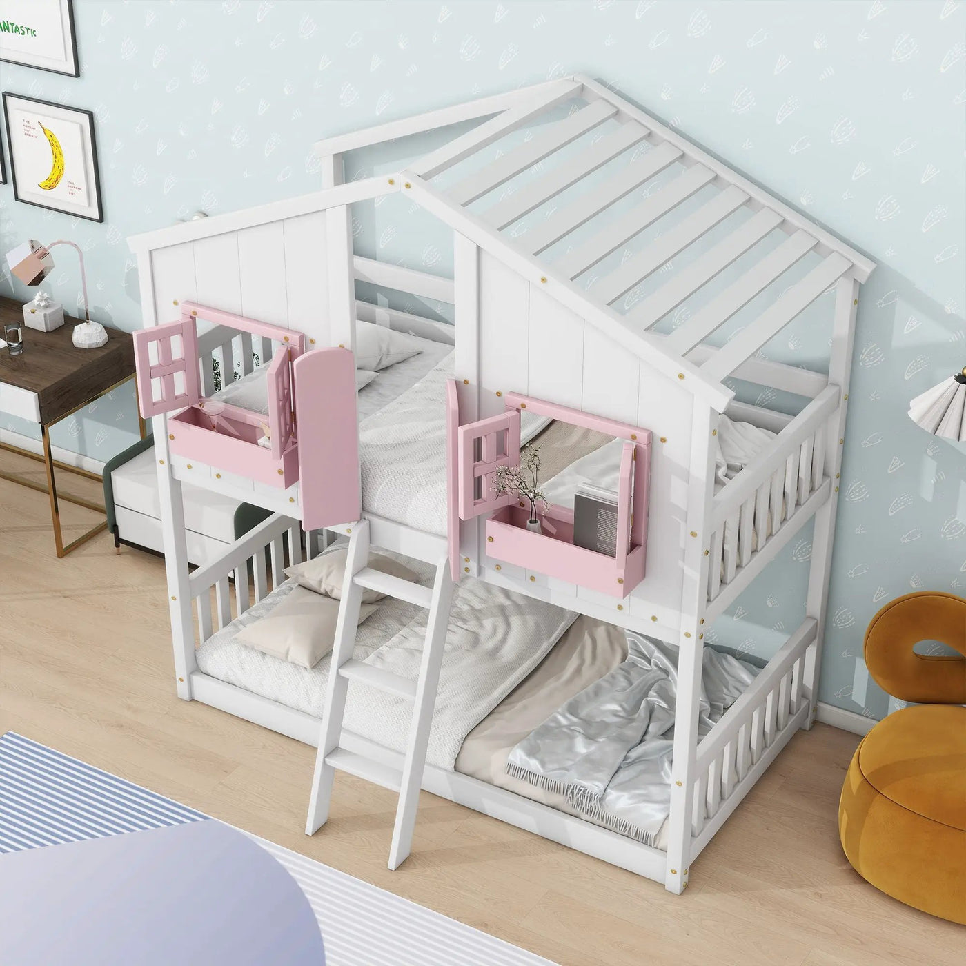 House Bunk Bed With Roof, Window, Window Box, Door, With Safety Guardrails And Ladder by Unique Piece Furniture