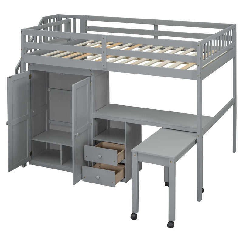 Loft Bed With Stairs, Bookshelf, Drawers, Desk & Wardrobe, Space Saving Multifunctional Furniture by HouseOfZazla