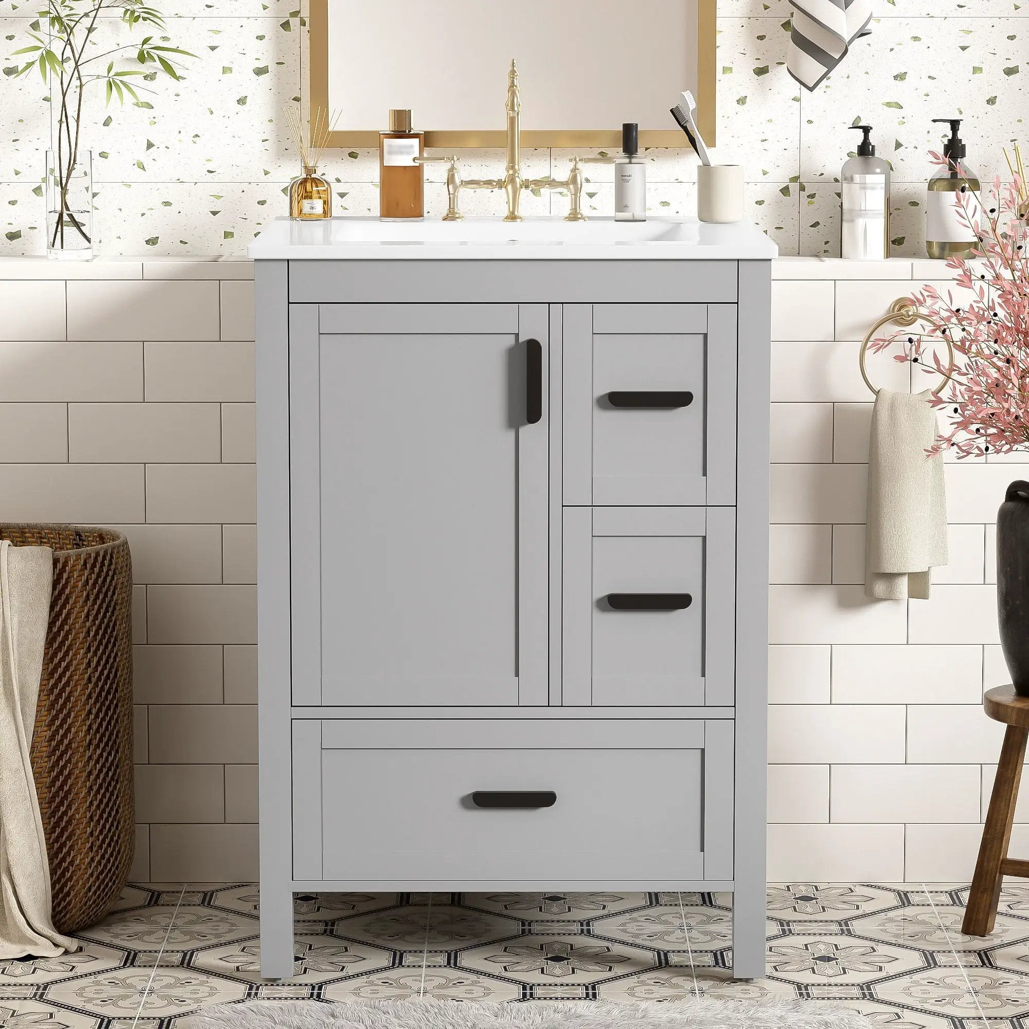 Bathroom Vanity With Sink, Soft Close Door, Double Layer Door Shelf And 3 Drawers - Gray by HouseOfZazla