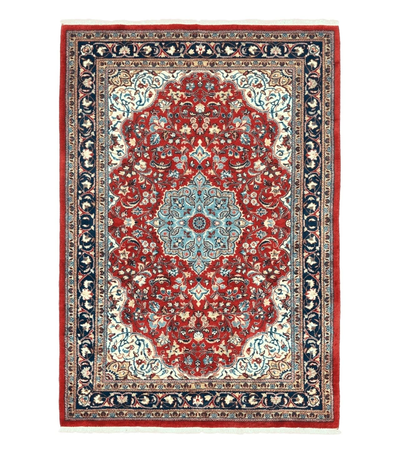 Persian Sarouk Rug 4x7, Red Navy Blue Vintage Wool Medallion Carpet by Jewel Rugs