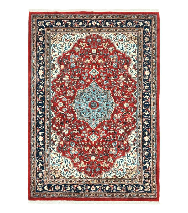 Persian Sarouk Rug 4x7, Red Navy Blue Vintage Wool Medallion Carpet