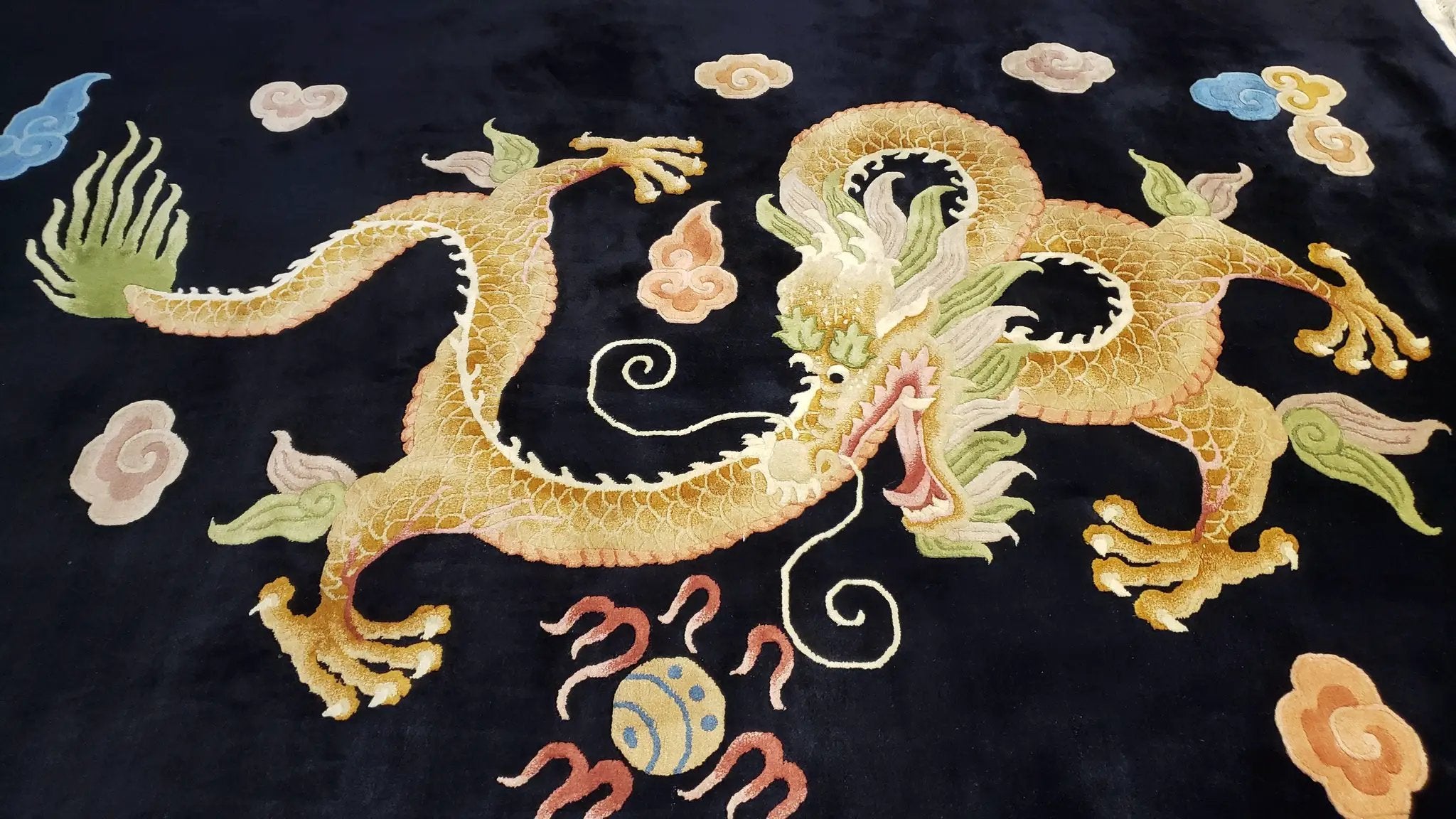Rare Antique Chinese Art Deco Rug 6x9 with Dragon, Black Chinese Carpet 6 x 9, Hand Knotted Wool Area Rug by Jewel Rugs