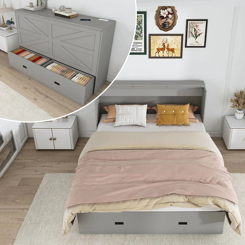 Murphy Bed With Storage Drawers And Charging Cabinet, Foldable Panels, Swivel Wheels by HouseOfZazla