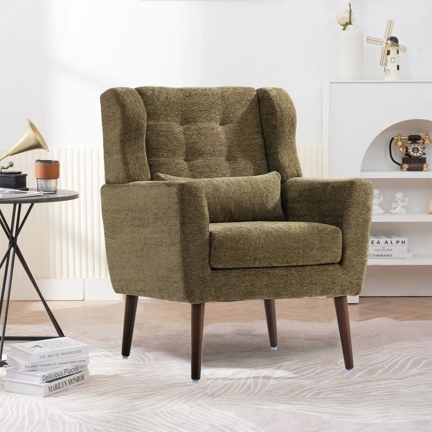 Modern Accent Chair, Arm Chairs For Living Room, Upholstered Mordern Armchair, Comfy Soft Padded Lounge Chair In Small Space, Bedroom, With Pillow, Solid Wood Leg by HouseOfZazla