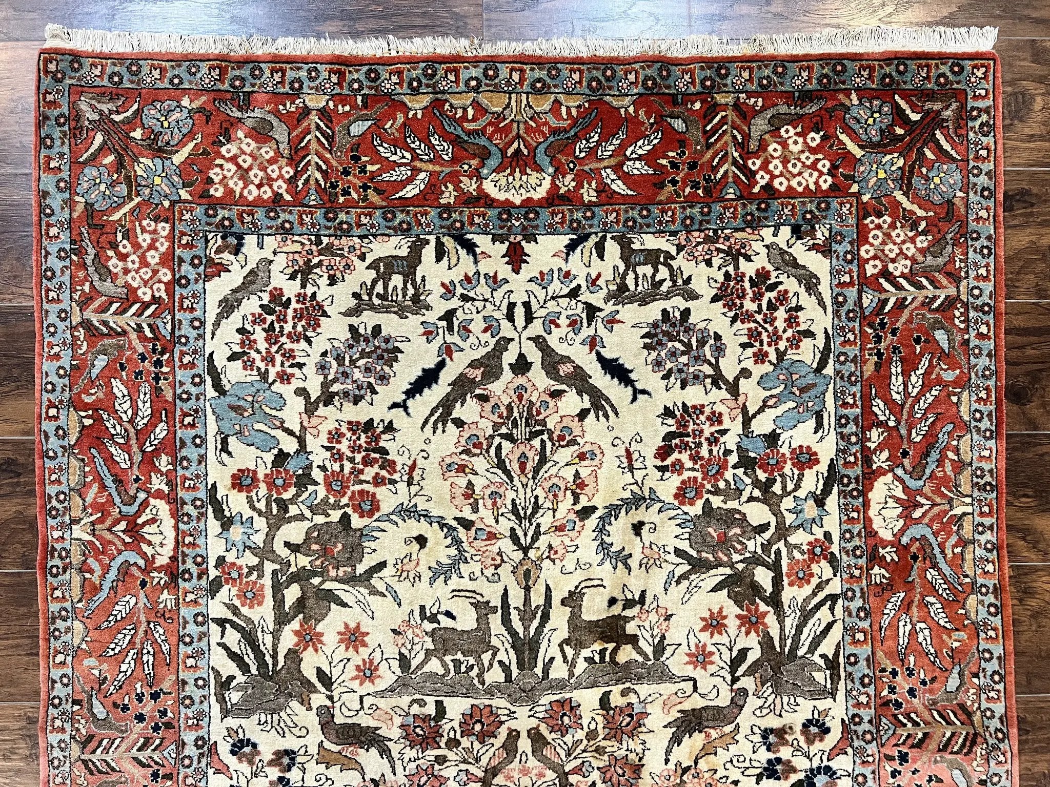 Persian Tree of Life 5x7, Qum Rug, Animal Motifs, Deer Birds, Fine 225 KPSI, Semi Antique Wool Rug, Cream Red by Jewel Rugs