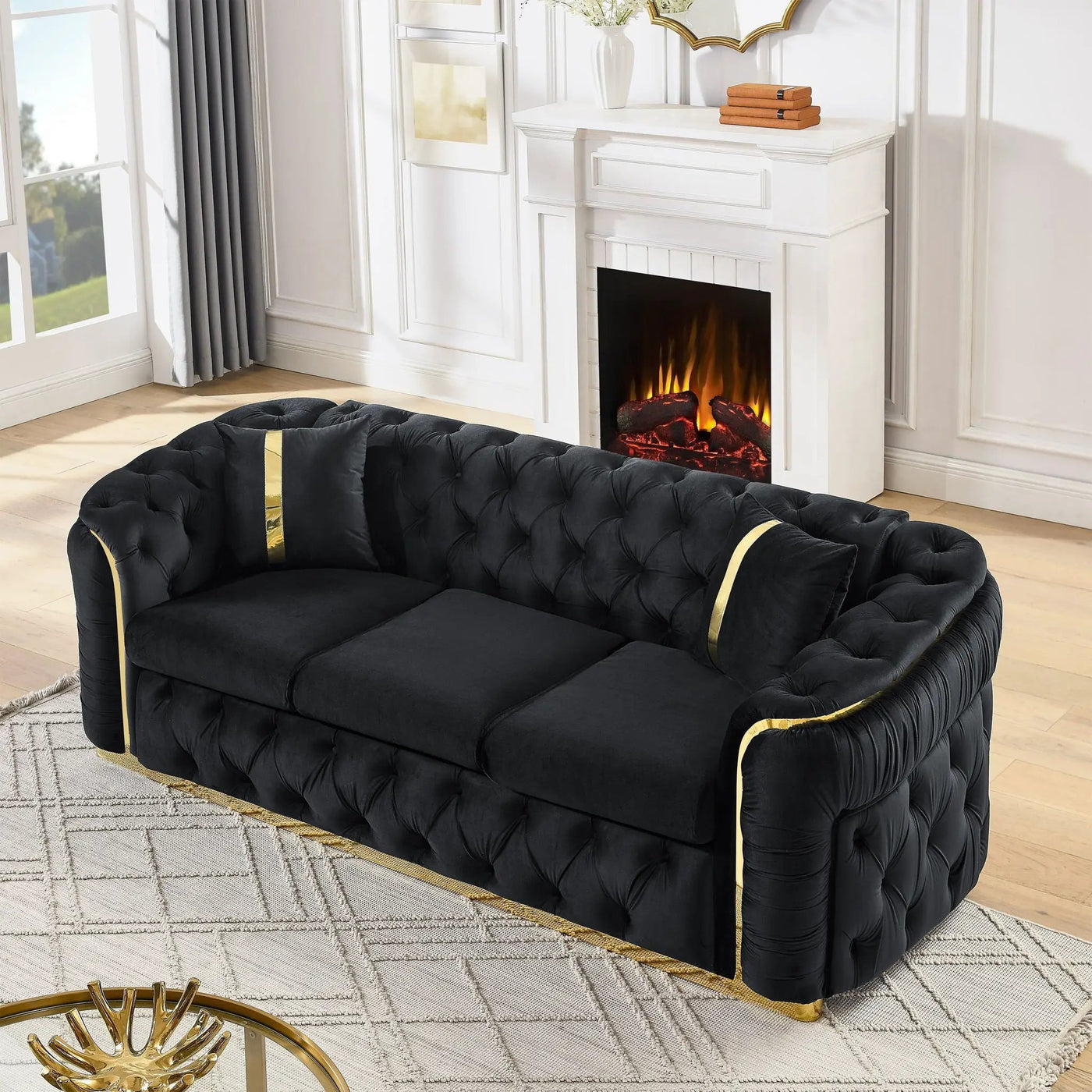 Button Tufted Couch With 2 Pillows, 3 Seater Luxury Chesterfield Sofa by Unique Piece Furniture