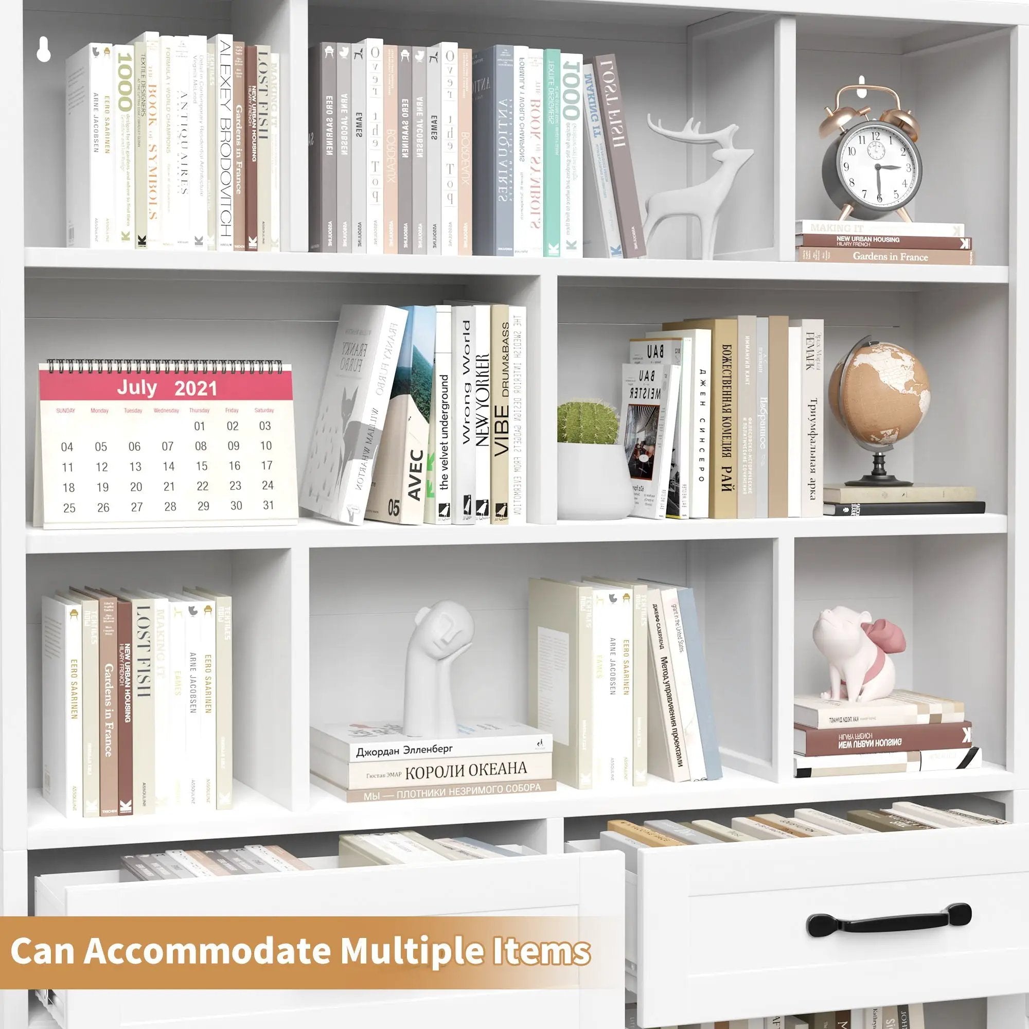 Bookcase Tall With 2 Doors & 2 Drawers, Fixed Open Shelves - White by HouseOfZazla