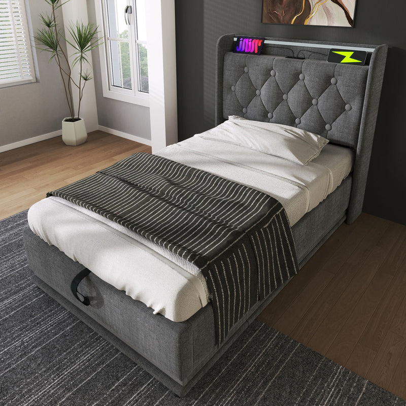 Upholstered Bed, 360 Surround LED Function, Remote Control, Hydraulic Storage Bed With USB, Type-C Charging (Without Mattress) by HouseOfZazla