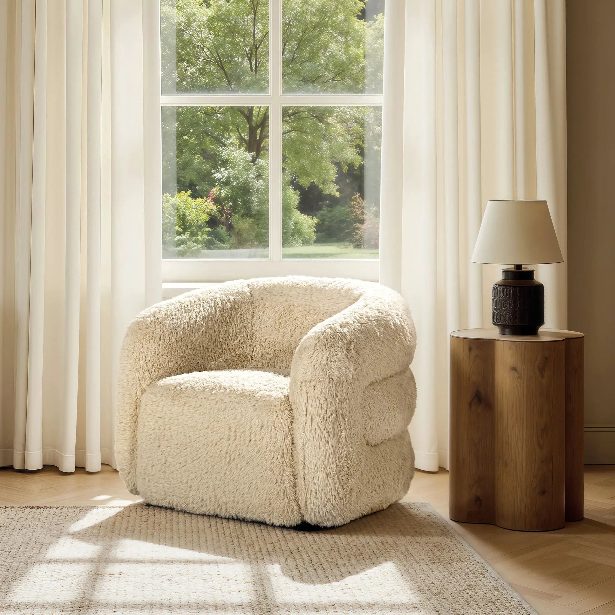 Colt - Fur Swivel Upholstered Barrel Accent Arm Chair - Cream Beige by HouseOfZazla
