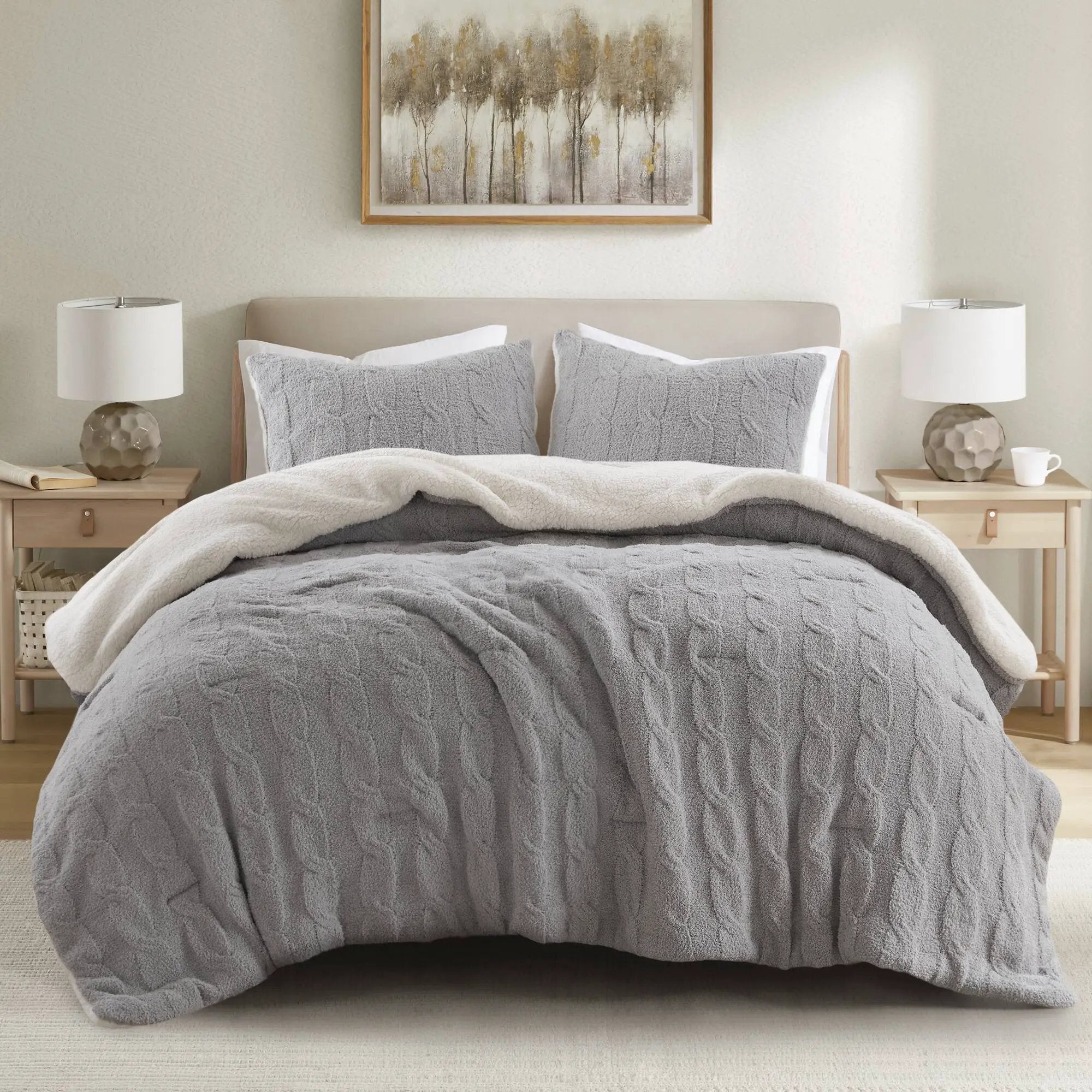 3 Pieces Full/Queen Cable Knit Chenille Comforter Set Gray by HouseOfZazla
