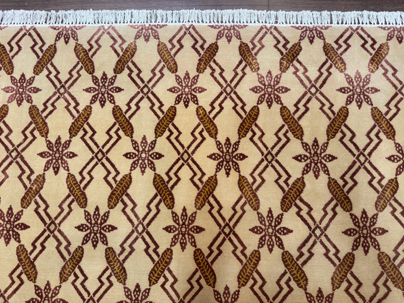 Tibetan Rug 8x10, Wool with Silk Highlights, Beige and Maroon, Contemporary Carpet by Jewel Rugs