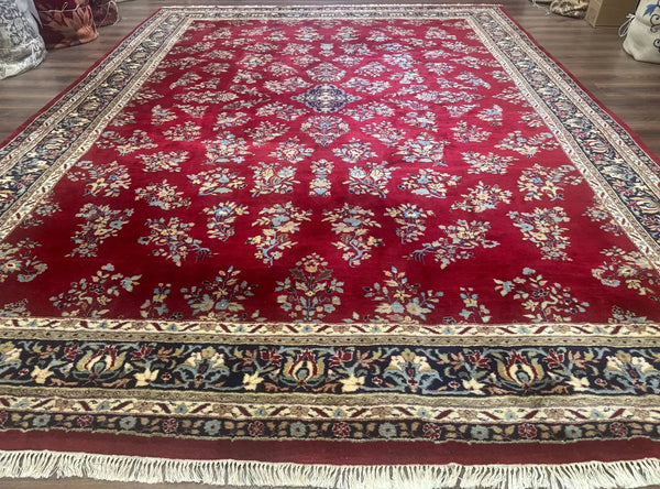 Indo Persian Sarouk Rug 10x14, Large Red and Navy Blue Carpet, Traditional Floral Wool Rug, photo 2 of 13
