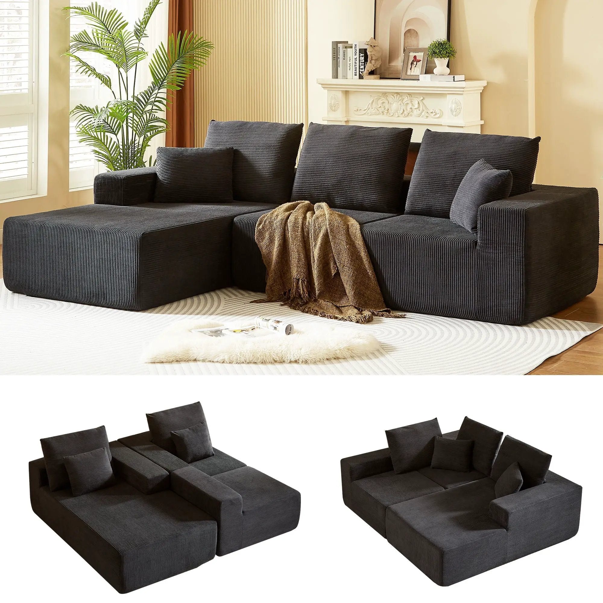 Modular Sectional Sofa With Chaise, L Shaped Cloud Couch With Deep Seat, Sectional Couches For Living Room - Black by HouseOfZazla