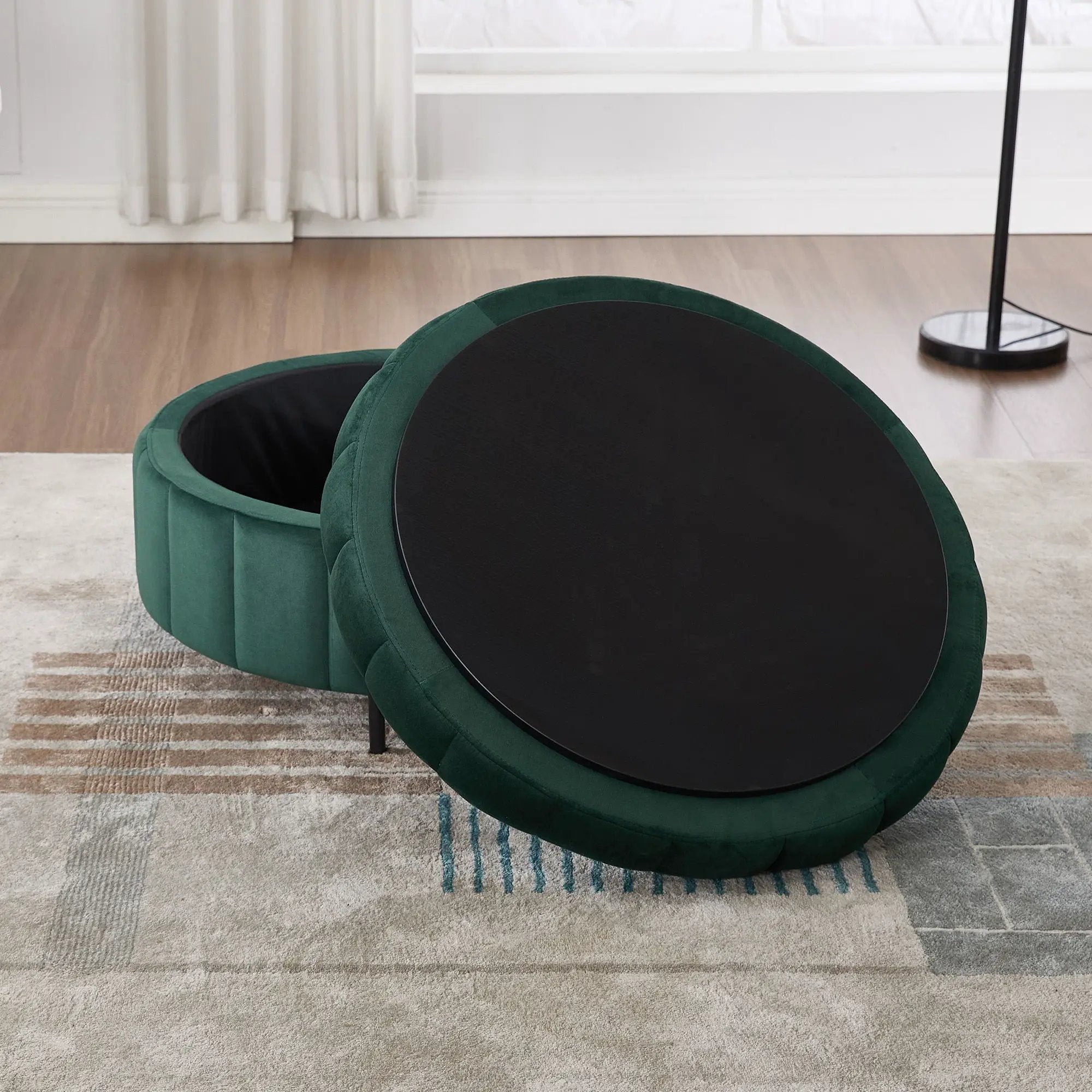 Upholstered Round Ottoman With Reversible Lid, Channel Tufted Pumpkin Shape by Unique Piece Furniture