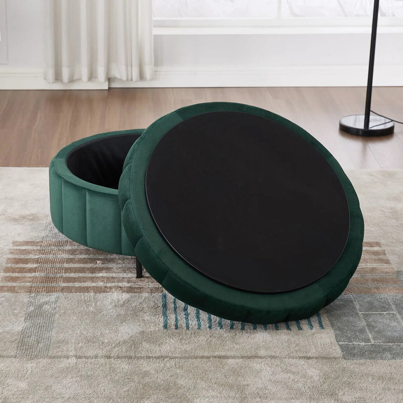 Upholstered Round Ottoman With Reversible Lid, Channel Tufted Pumpkin Shape by Unique Piece Furniture