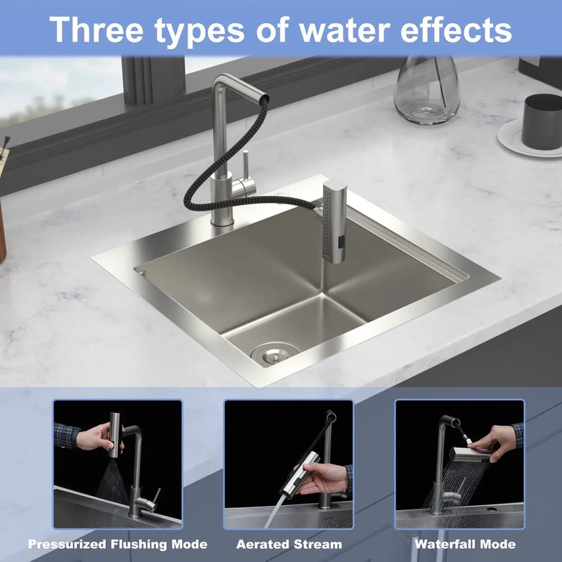 21" Drop In Kitchen Sink With Pull Out Faucet And Sink Cover, 16 Gauge - Brushed Nickel by HouseOfZazla