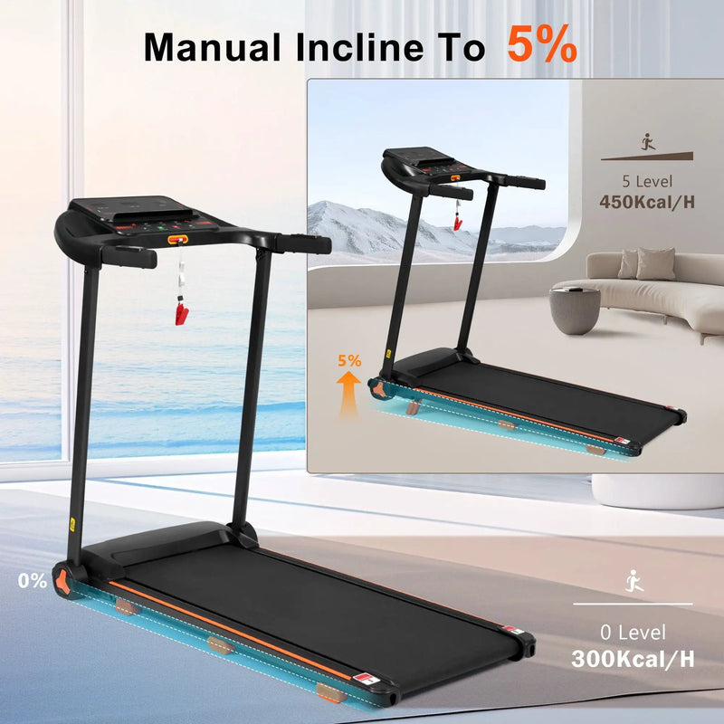 2.5Hp Quiet Folding Treadmill With Heart Rate Sensor, 300Lbs Weight Capacity, With USB Charge Station For Android & Bluetooth Speaker, 6 Shock Absorbing - Black by HouseOfZazla