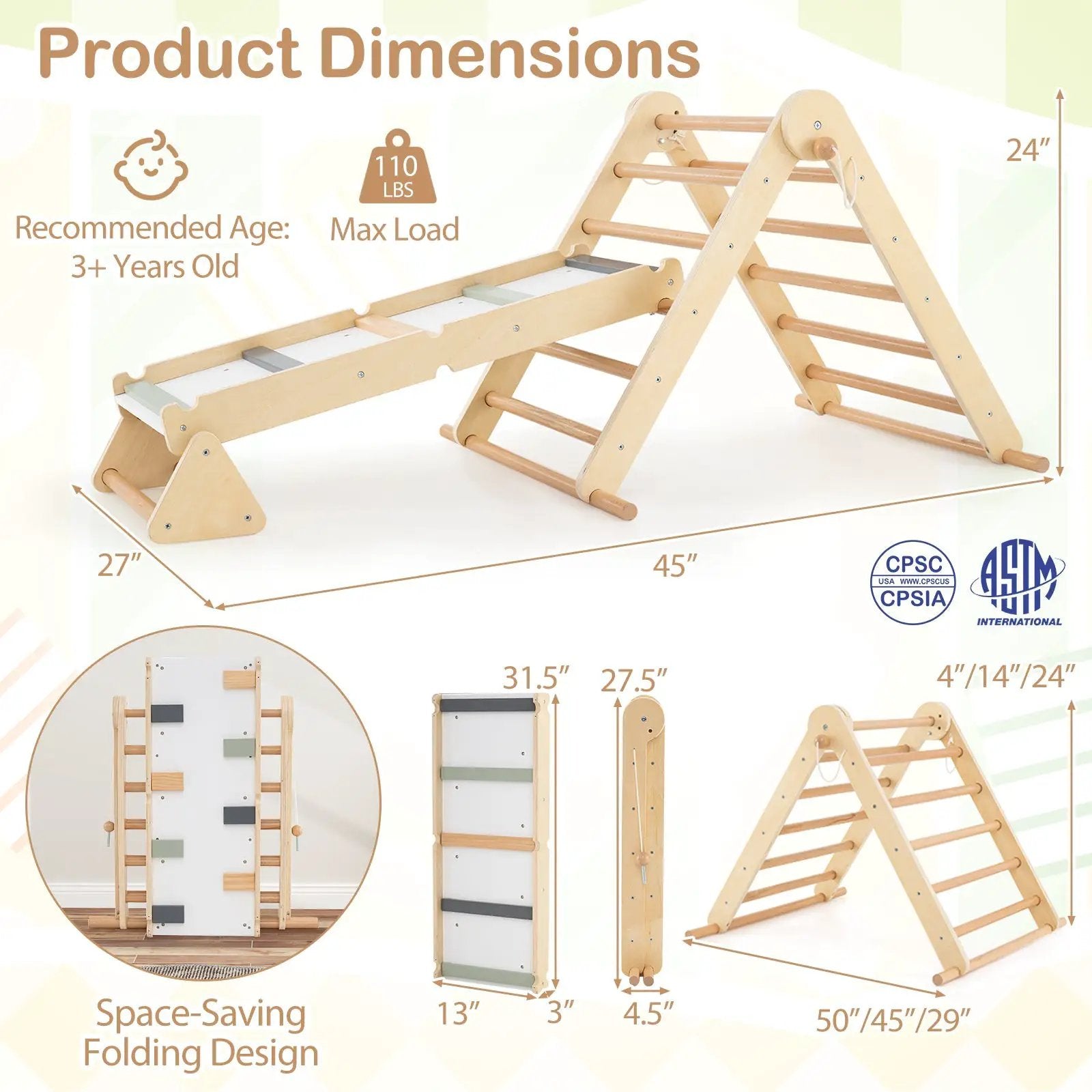 3-in-1 Pikler Triangle Climbing Set Kids Foldable Montessori Toys with Ramp-Natural by DirectDeals