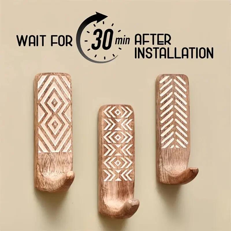 3pcs Boho Wooden Wall Hooks Set, Rust Resistant, Easy Install Adhesive, Perfect for Bathroom & Home Decor, Convenient Hanging for Clothes, Hats, Towels, Utility Hooks by House Of Avana