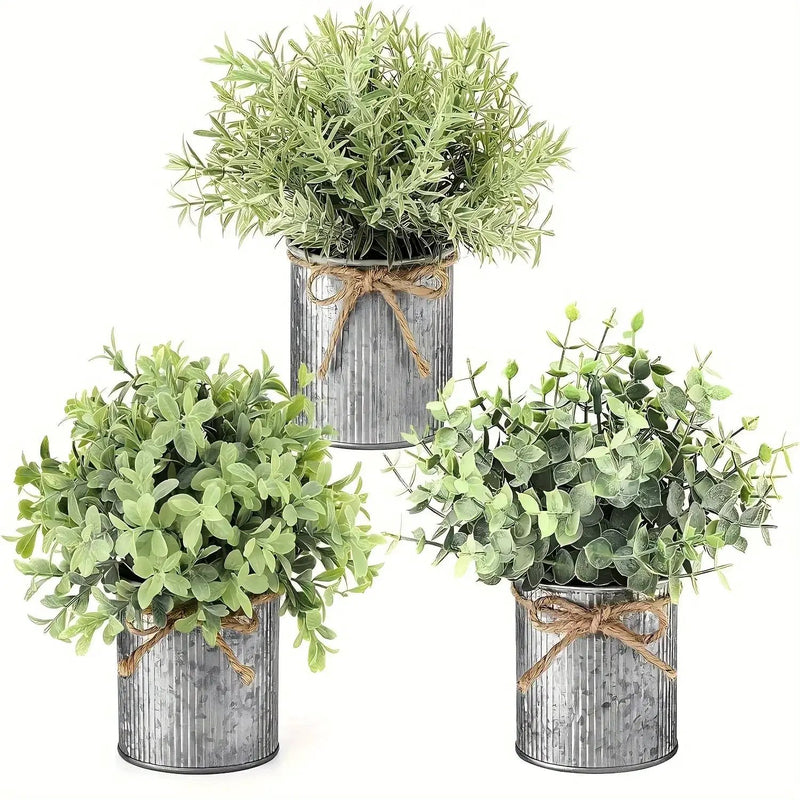 3pcs potted artificial eucalyptus tree, galvanized flower pot desktop center decoration suitable for shelves, offices, rural home decoration by House Of Avana