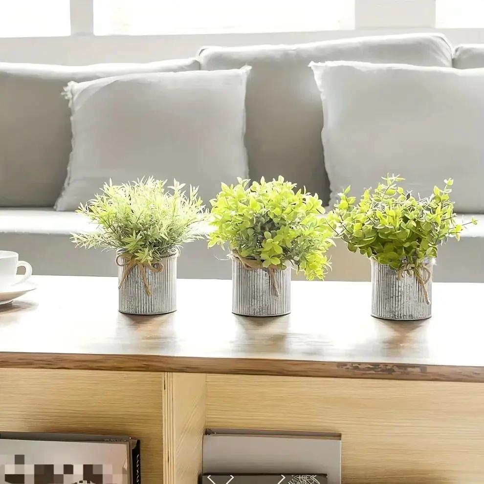 3pcs potted artificial eucalyptus tree, galvanized flower pot desktop center decoration suitable for shelves, offices, rural home decoration by House Of Avana