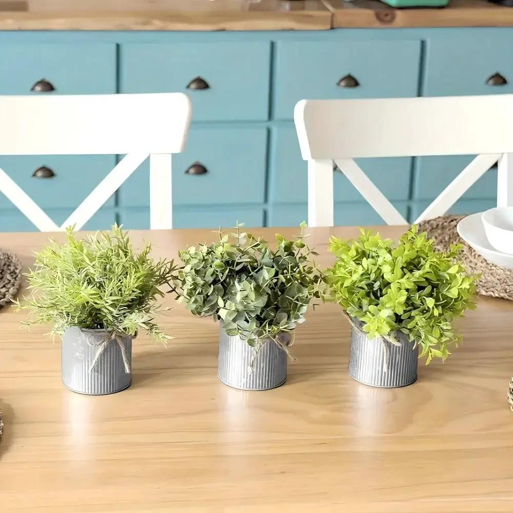 3pcs potted artificial eucalyptus tree, galvanized flower pot desktop center decoration suitable for shelves, offices, rural home decoration by House Of Avana