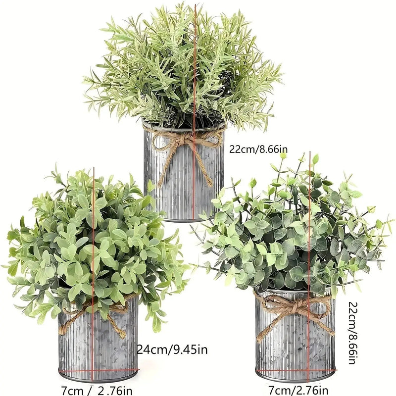 3pcs potted artificial eucalyptus tree, galvanized flower pot desktop center decoration suitable for shelves, offices, rural home decoration by House Of Avana