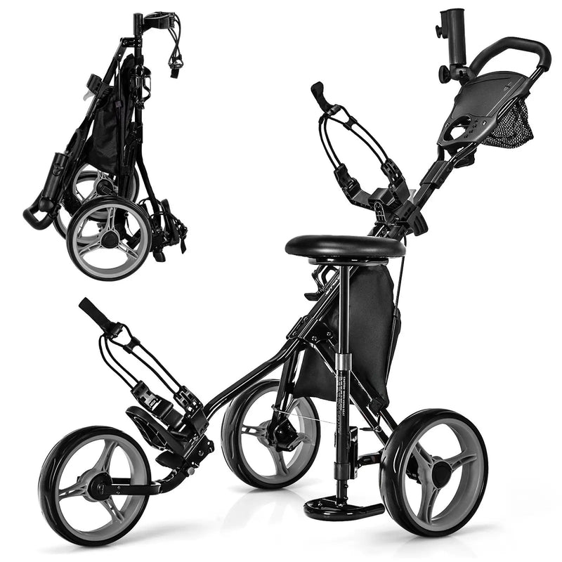 3 Wheels Folding Golf Push Cart with Seat Scoreboard and Adjustable Handle by DirectDeals