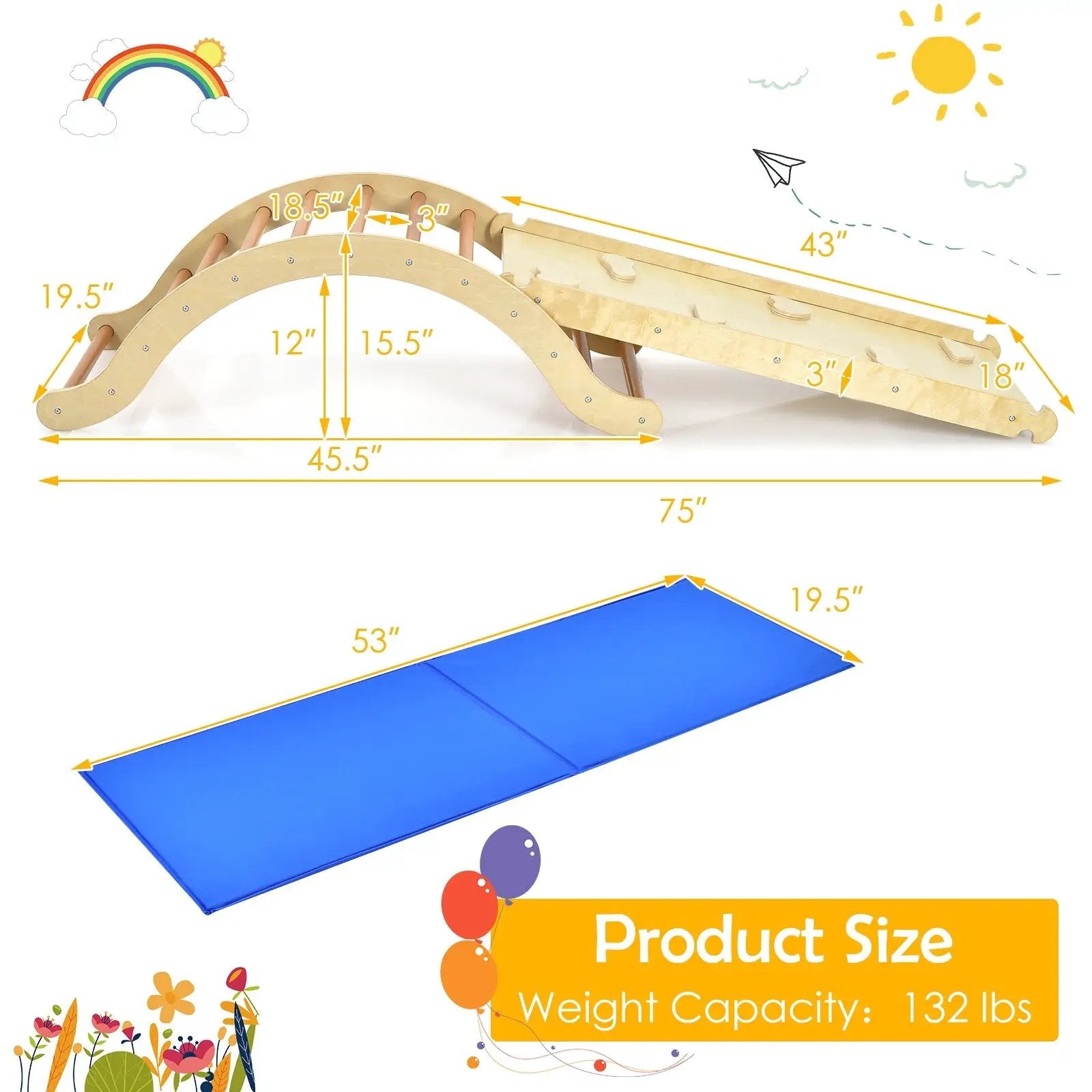 3-in-1 Wooden Arch Climber Set with Ramp and Rocker Mat by DirectDeals