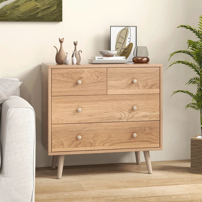 4-Drawer Dresser Cabinet Storage Organizer Rubber Leg with Rail-Natural by DirectDeals
